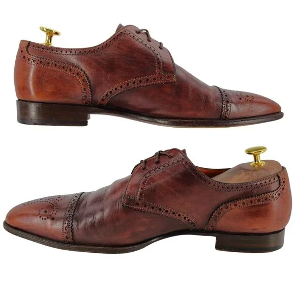 Santoni Italy Antiqued Brown Leather Dress Shoes 8 Cap-toe Brogue Derby Oxfords